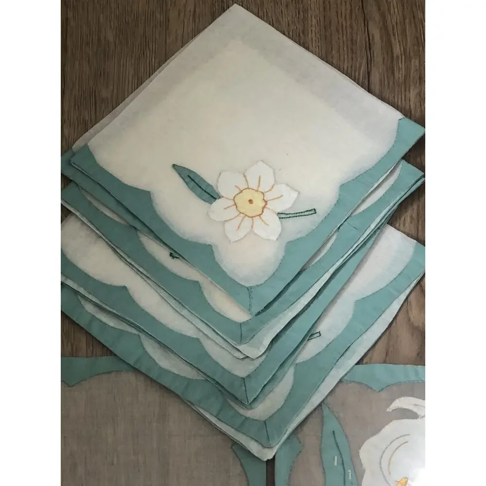 Vtg 1950s Art Deco Madiera Sheer Organdy Calla Lily Placemats & Napkins 8pc